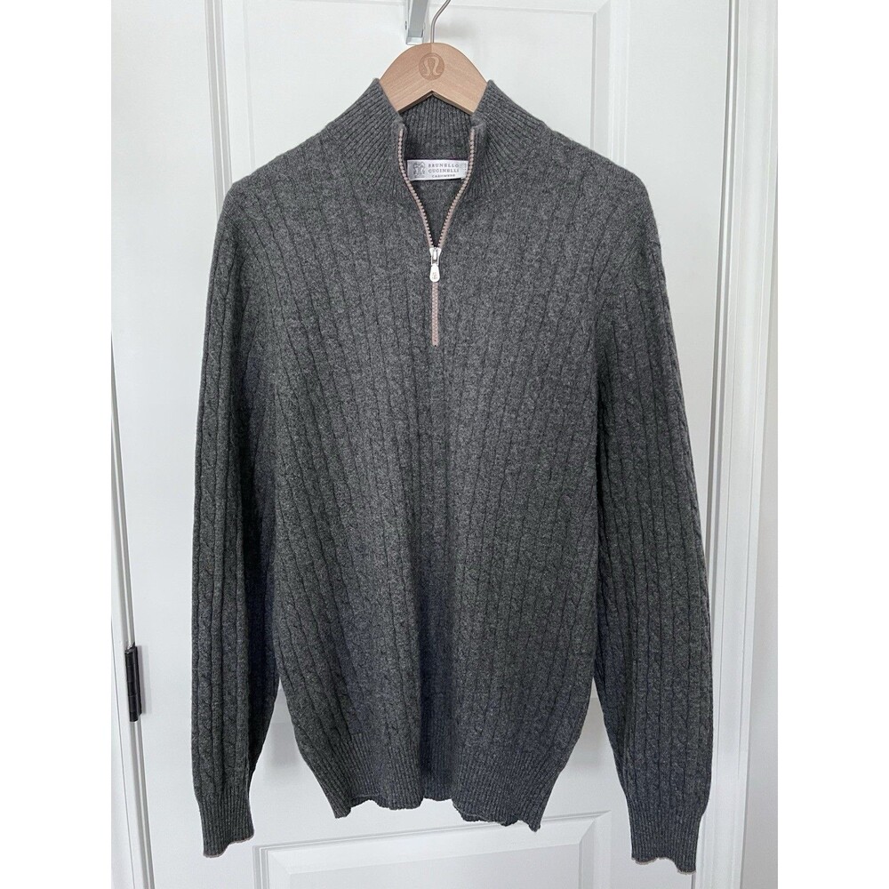 Brunello Cucinelli Charcoal Grey Cashmere Quarter Zip Sweater Size EU 52 EUC